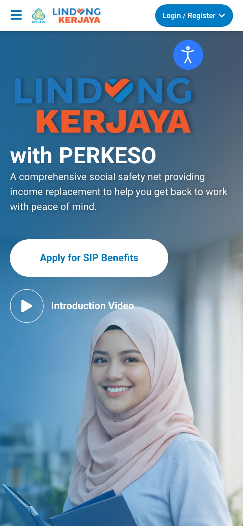 PERKESO Employment Insurance System public portal home page in English, with the apply for SIP benefits button (phone view)