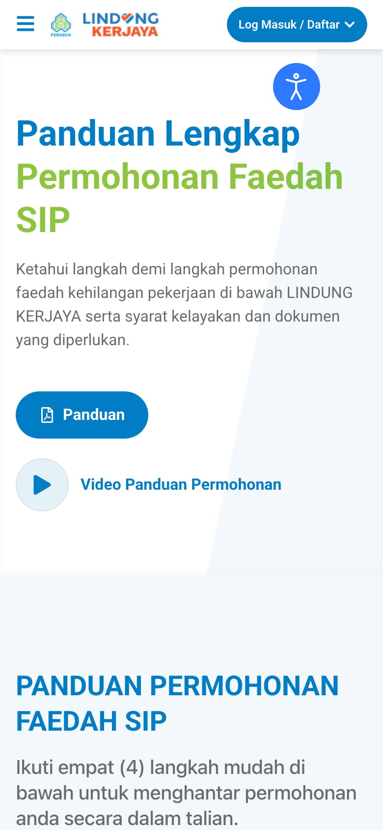 PERKESO Employment Insurance System guide page: the full SIP benefit application guide in four steps (phone view)