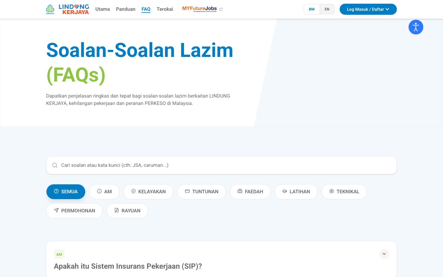 PERKESO Employment Insurance System FAQ page with search and topic filters