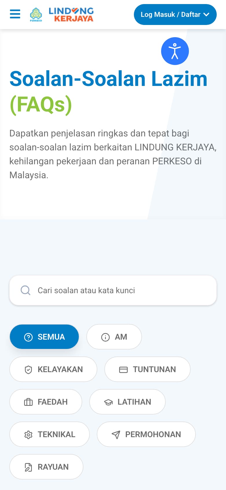 PERKESO Employment Insurance System FAQ page with search and topic filters (phone view)