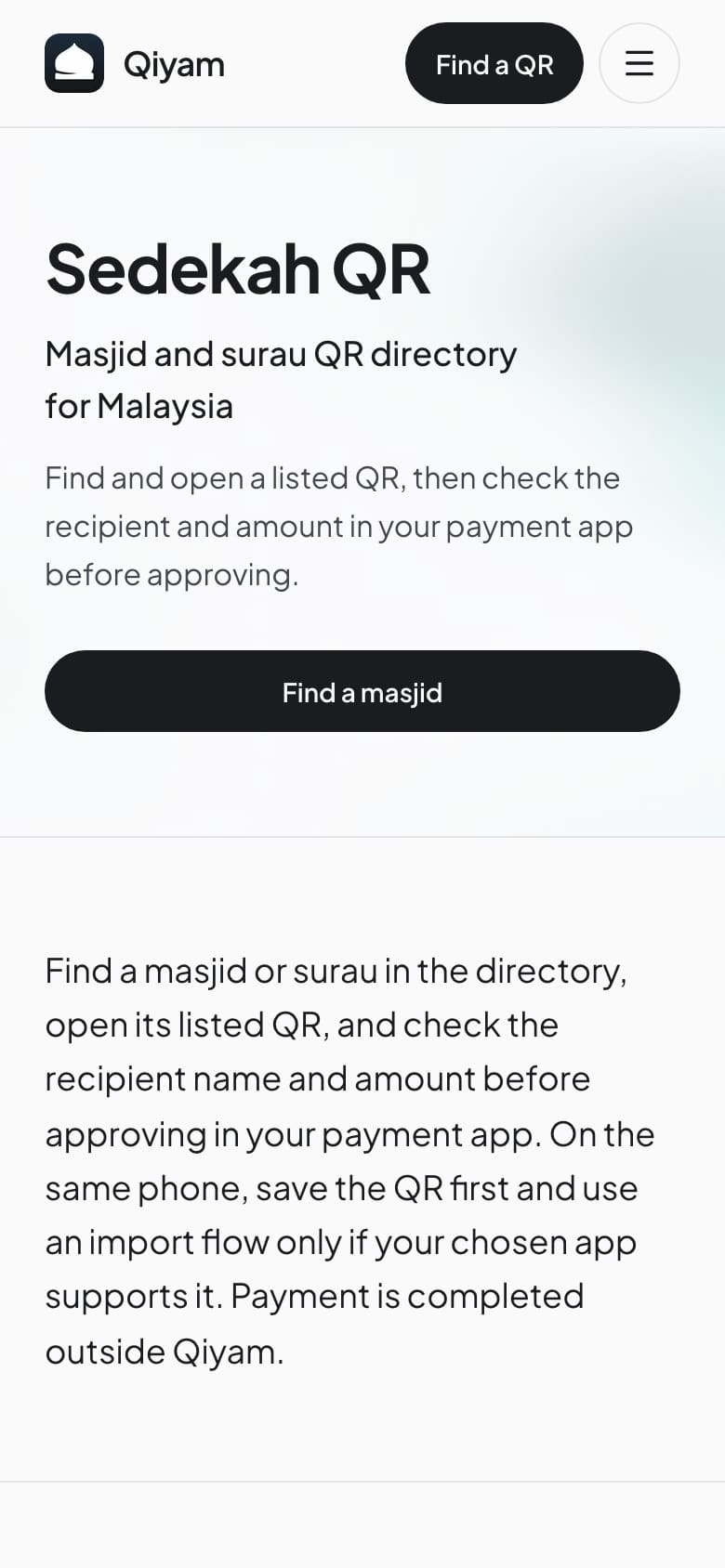 Qiyam website Sedekah QR directory page (phone view)