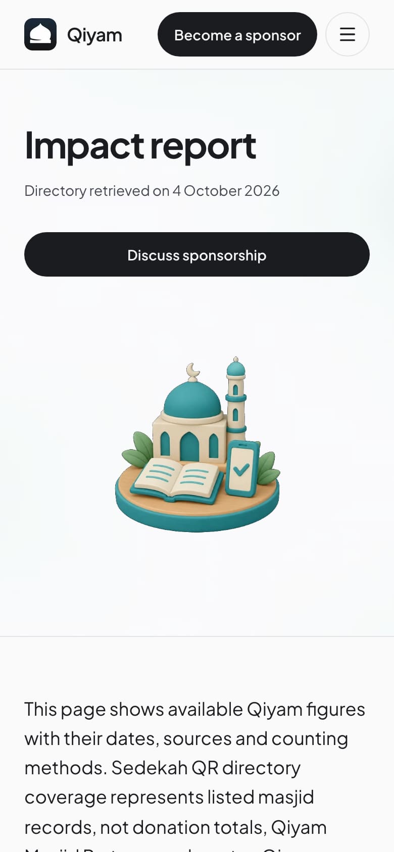 Qiyam website impact report page with sourced figures and definitions (phone view)