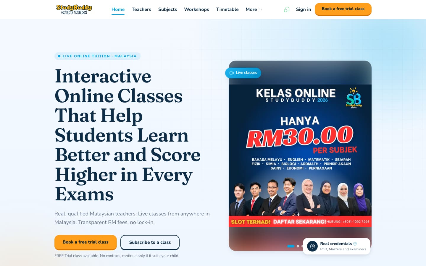 StudyBuddy home page: interactive online classes with a free trial button