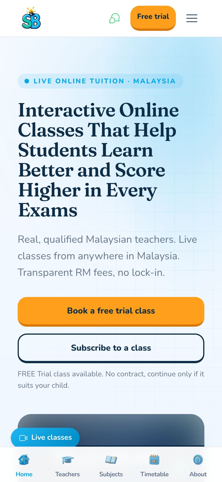 StudyBuddy home page: interactive online classes with a free trial button (phone view)