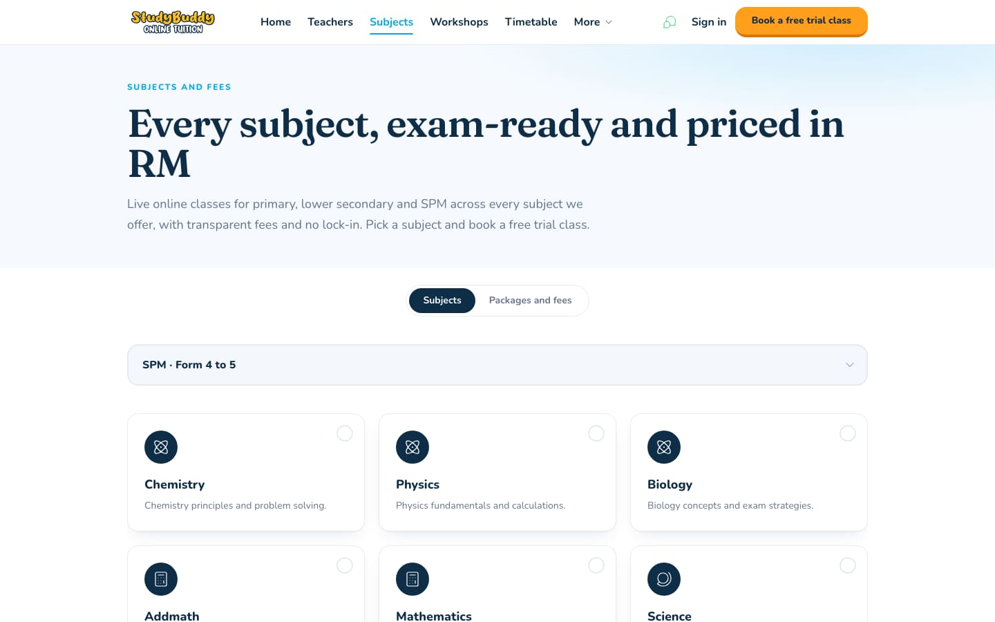 StudyBuddy subjects page: every subject priced in RM, with SPM subject cards