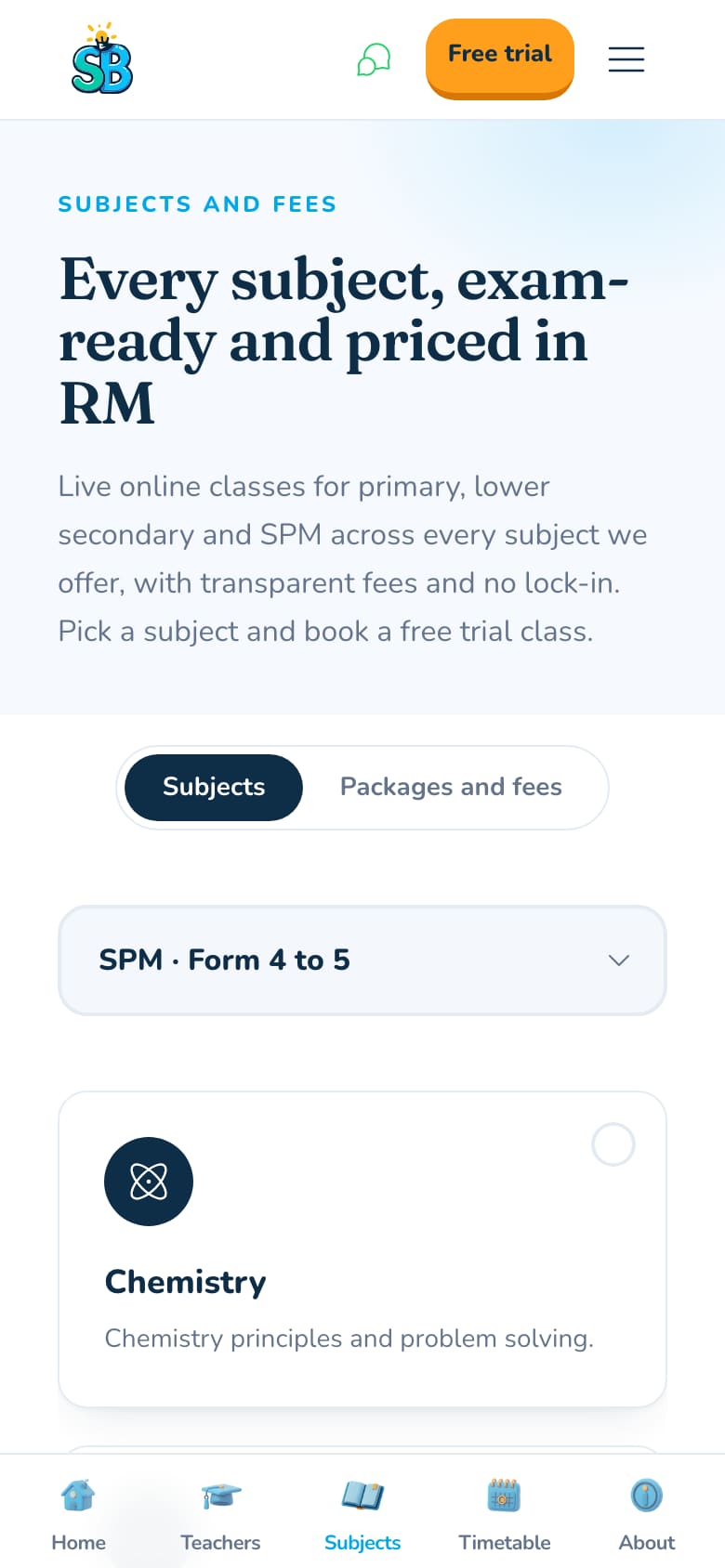 StudyBuddy subjects page: every subject priced in RM, with SPM subject cards (phone view)