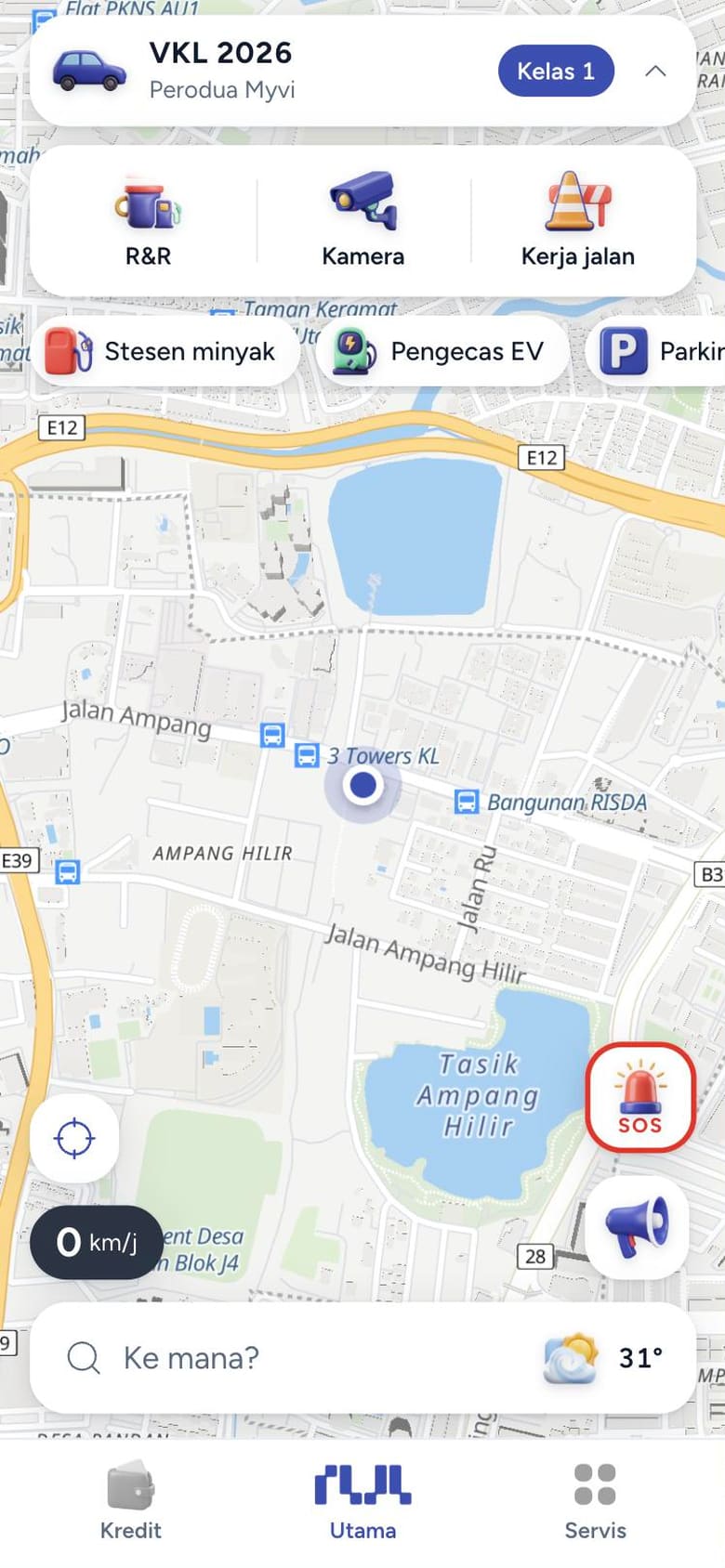 TuJu concept home screen: vehicle and toll class card, R&R, camera and road works shortcuts, and a destination search above the tab bar (phone view)