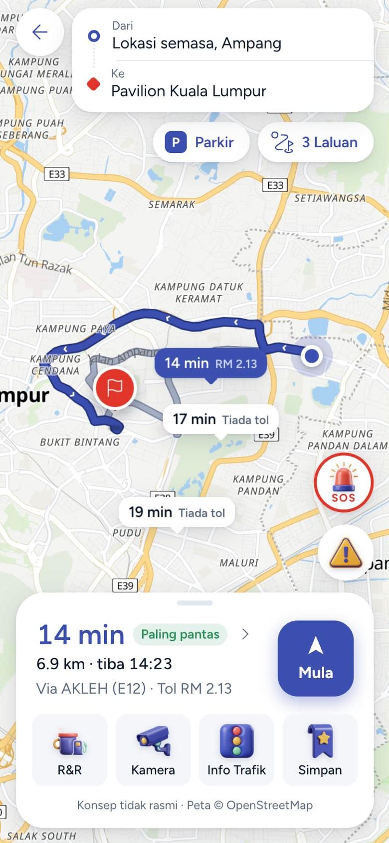 TuJu concept route preview: three real routes from Ampang to Pavilion KL with time and toll bubbles on the map (phone view)