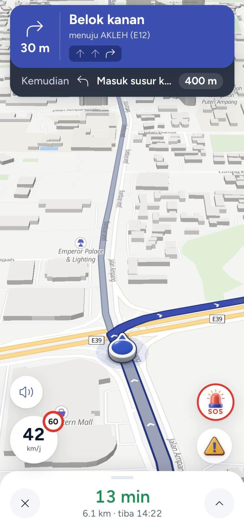 TuJu concept navigation: turn banner with lane arrows, the next turn and its distance, speed and limit, on a 3D map (phone view)