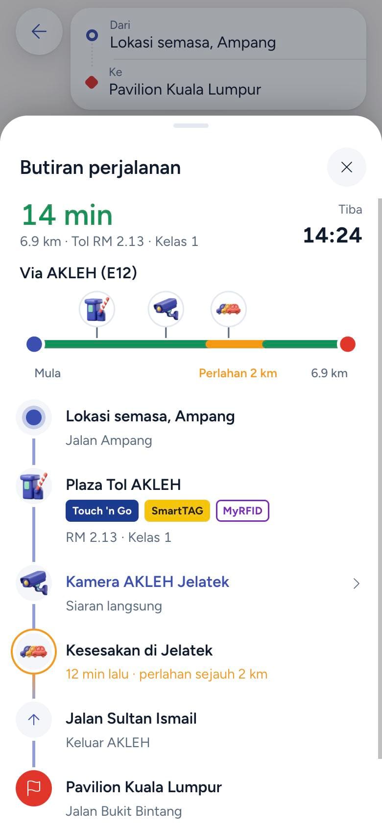 TuJu concept trip details: traffic bar with toll, camera and jam pins, and a step list showing Touch n Go, SmartTAG and MyRFID at the toll (phone view)