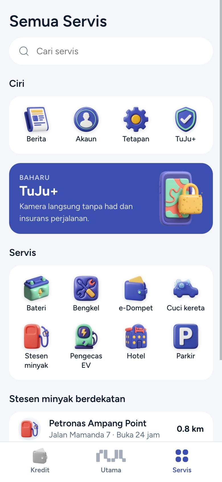 TuJu concept services screen: features, a TuJu+ banner, and services such as battery, workshop, fuel, EV charging and parking (phone view)