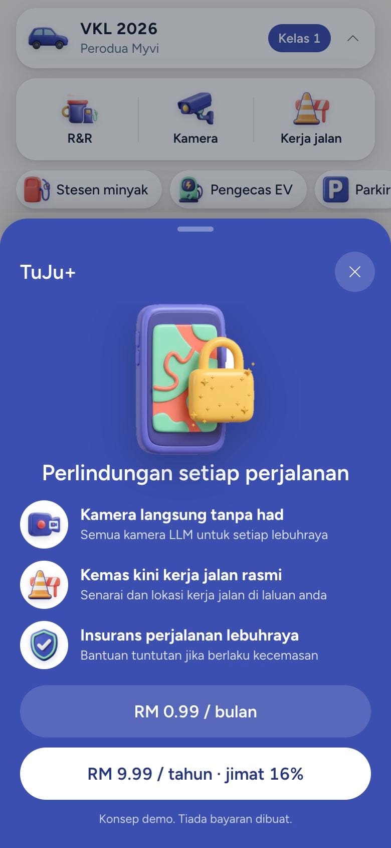 TuJu concept TuJu+ sheet: live cameras, official road works updates and trip insurance, at RM 0.99 a month or RM 9.99 a year (phone view)