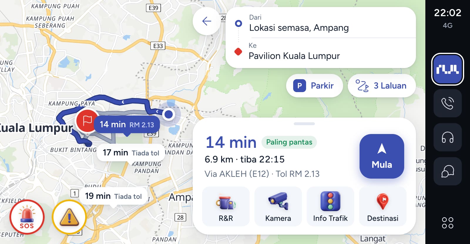 TuJu concept route preview on CarPlay: three routes on the map with time and toll, and the route card on the driver side