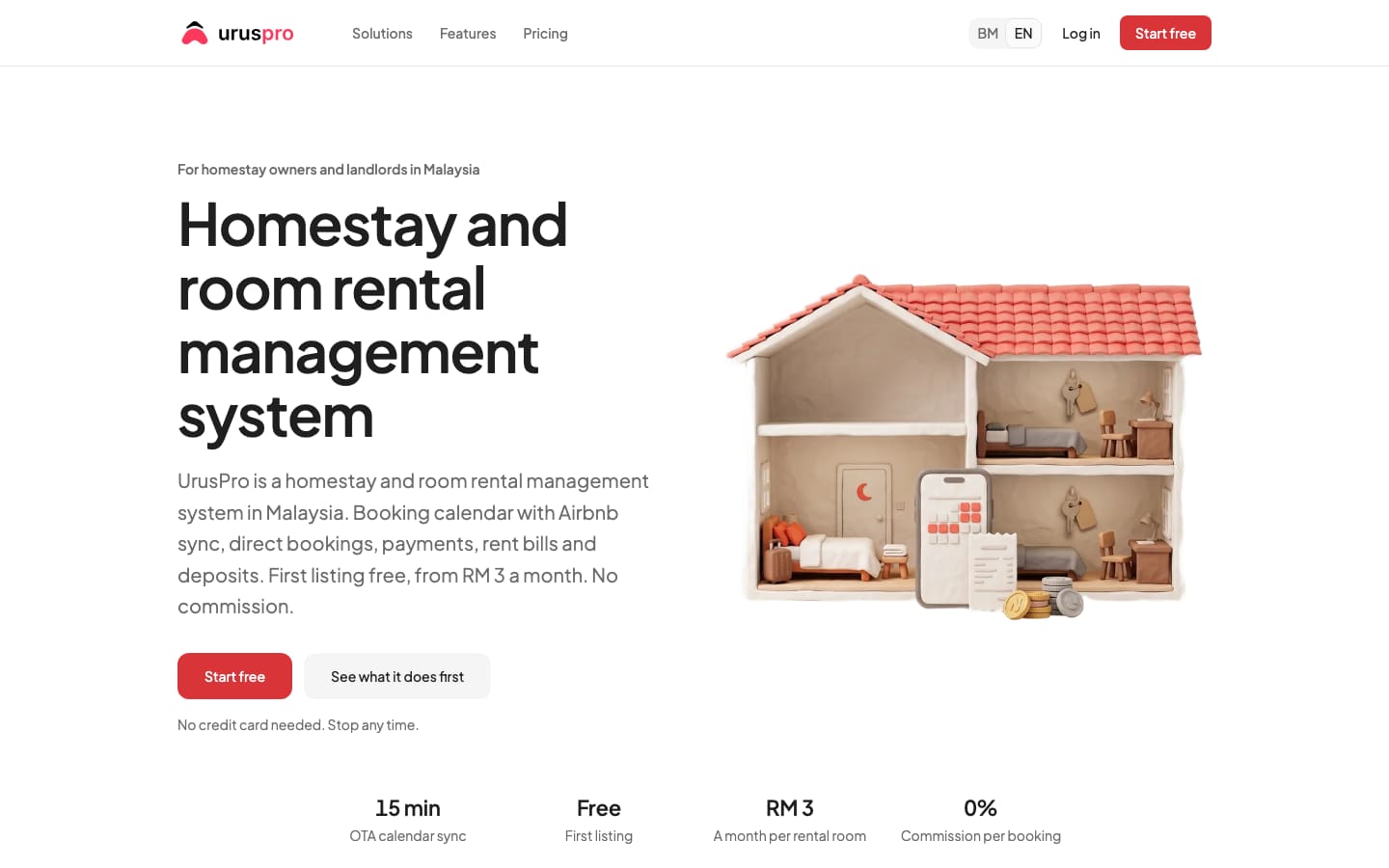 UrusPro home page: homestay and room rental management system for Malaysia