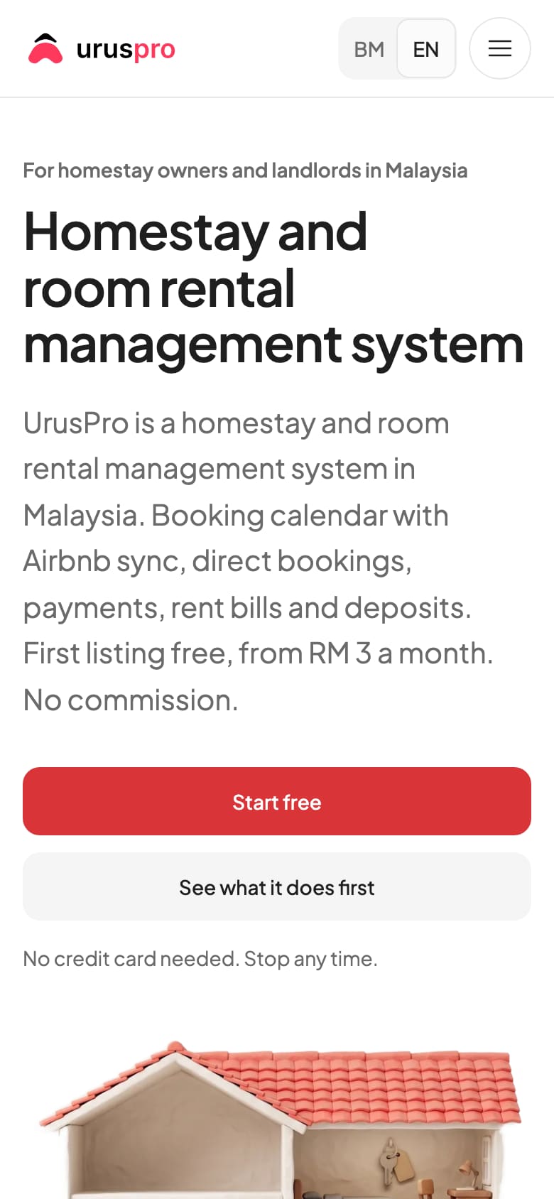 UrusPro home page: homestay and room rental management system for Malaysia (phone view)