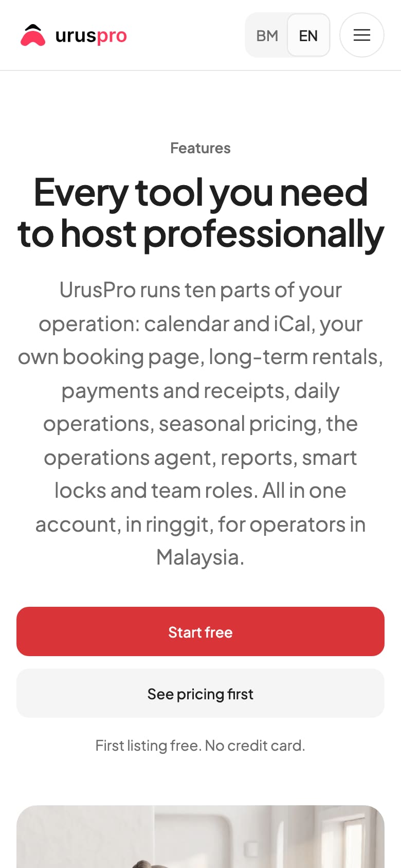 UrusPro features page: every tool you need to host professionally (phone view)