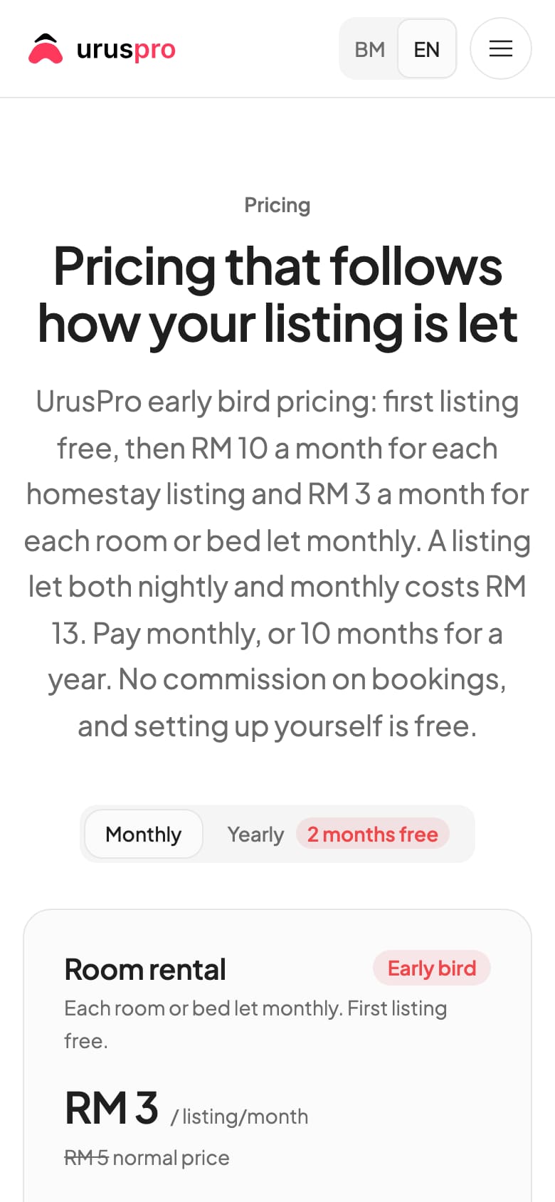 UrusPro pricing page: per-listing monthly prices in RM for rooms and homestays (phone view)